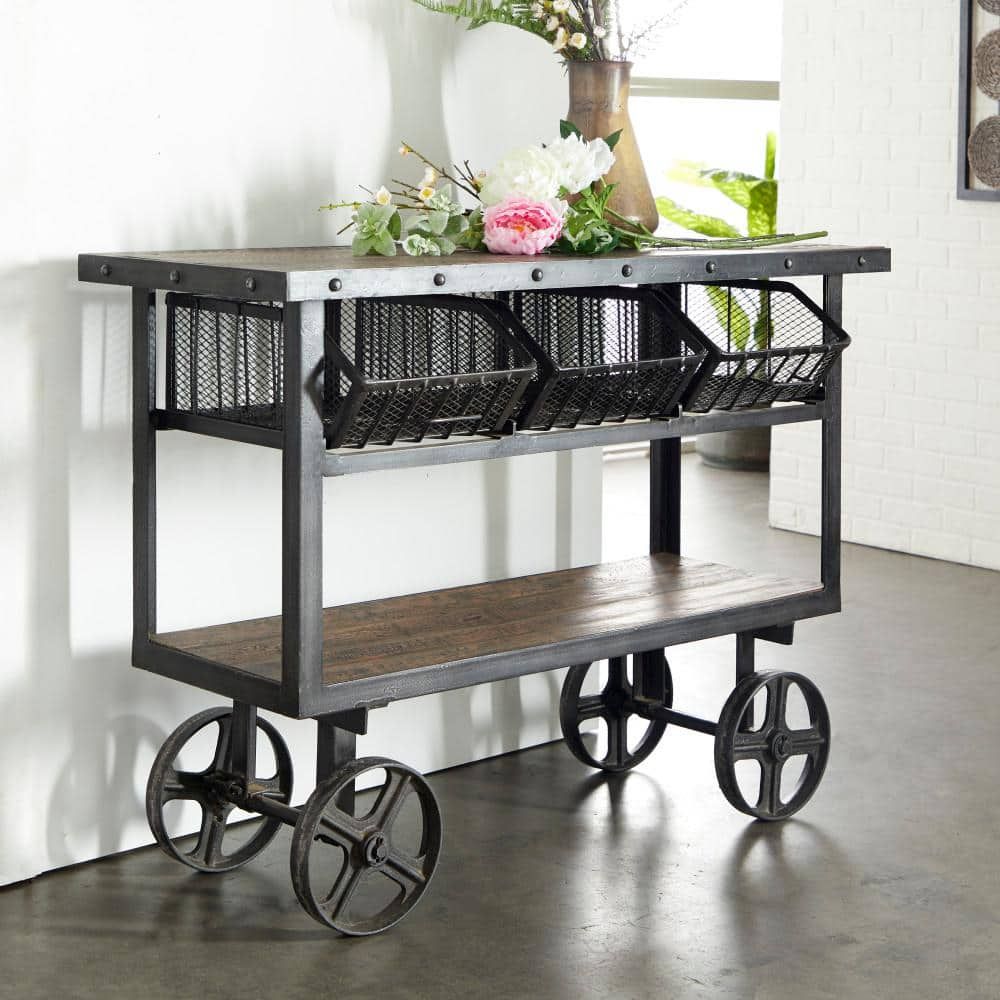 Litton Lane 48 In. Black Extra Large Rectangle Metal Industrial Rolling ... for The Enduring Charm and Practicality of Industrial Rolling Console Tables