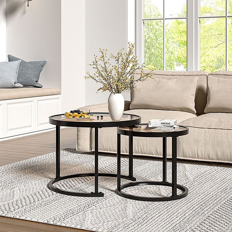 Livingandhome Black Round Glass Nesting Coffee Table Set Nest Of Table ... throughout Creating Flow and Functionality With Black Nesting Tables in Your Home