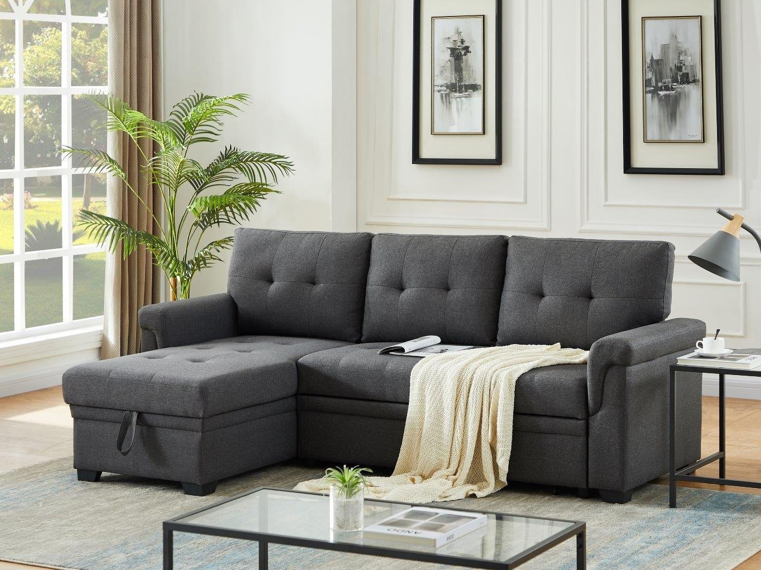 Lucca Dark Gray Linen Reversible Sleeper Sectional Sofa With Storage ... in Lucas Dark Gray Fabric Sleeper Sectional Sofa With Reversible Storage Chaise