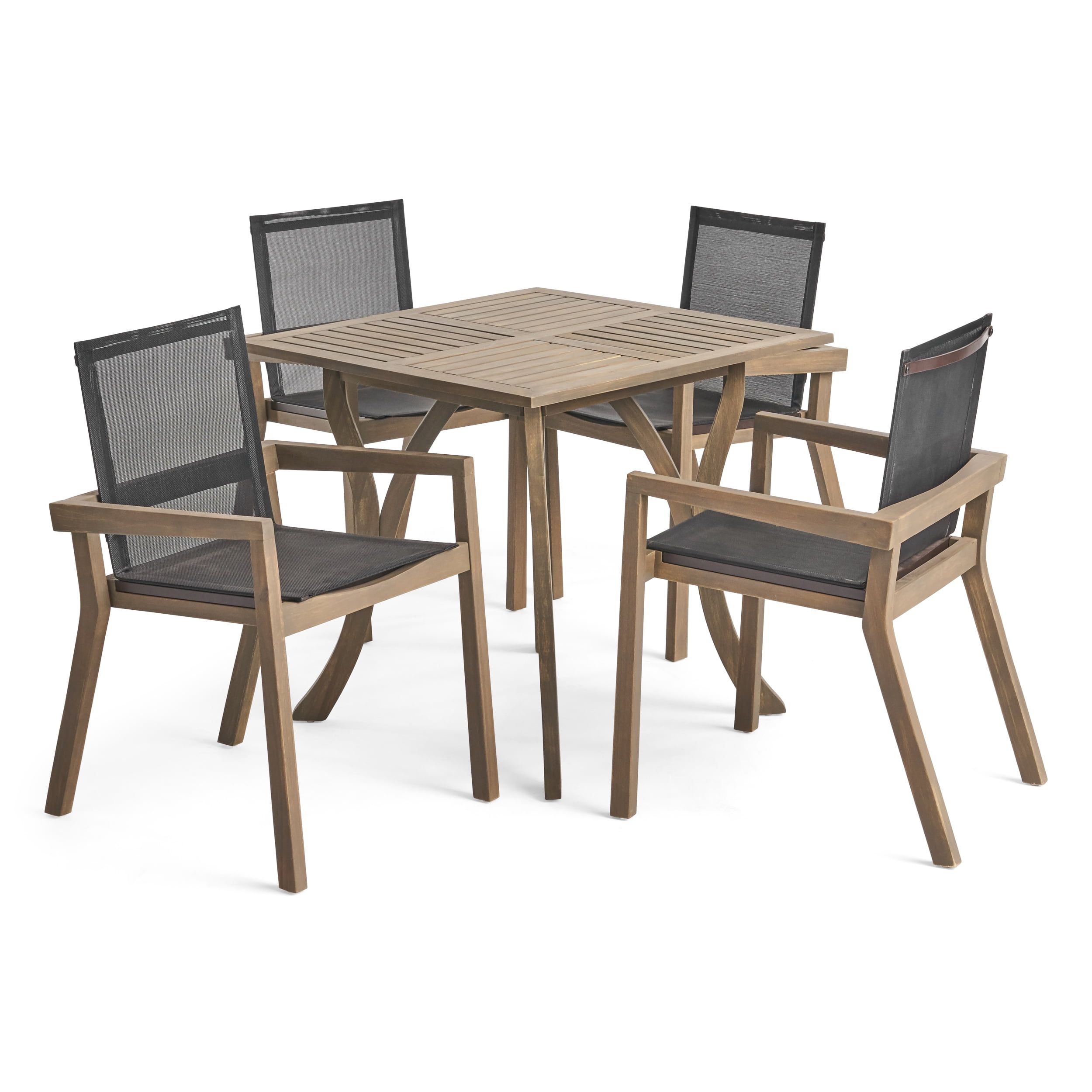 Luciano Outdoor 5 Piece Acacia Wood And Mesh Square Dining Set, Gray ... with Grace Nick Outdoor 5 Piece Acacia Wood Dining Set With X Base