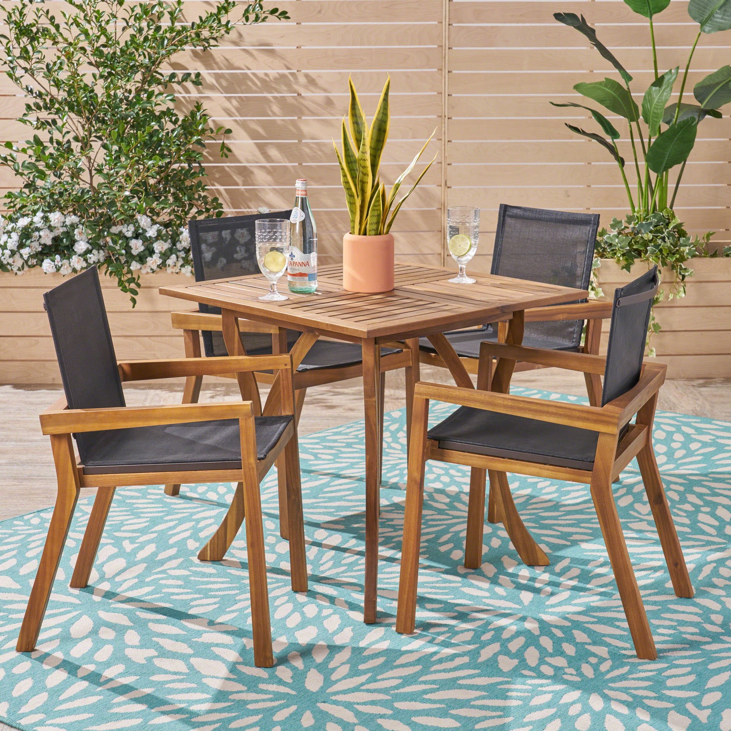 Luciano Outdoor 5 Piece Acacia Wood And Mesh Square Dining Set, Teak ... intended for Comparing Teak and Acacia Wood for Longevity in Outdoor Furniture