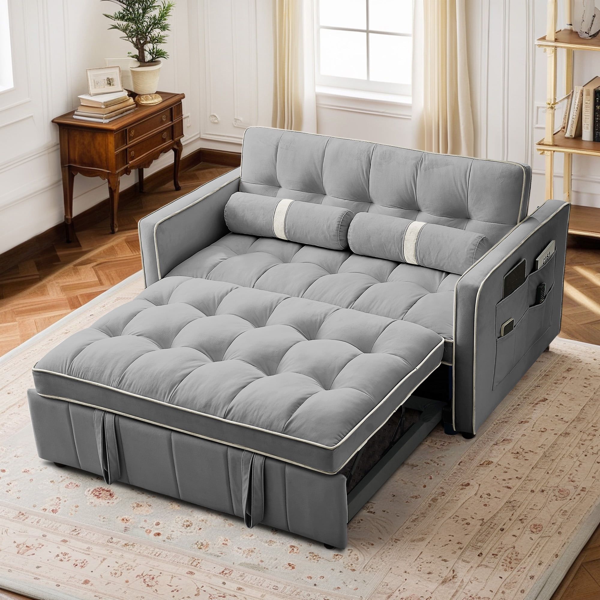 Lunale 55" Convertible Futon Sofa Bed, Tufted Sleeper Loveseat For ... intended for Elegant Gray Sleeper Loveseat With Tufted Microfiber Seat & Curved Arms
