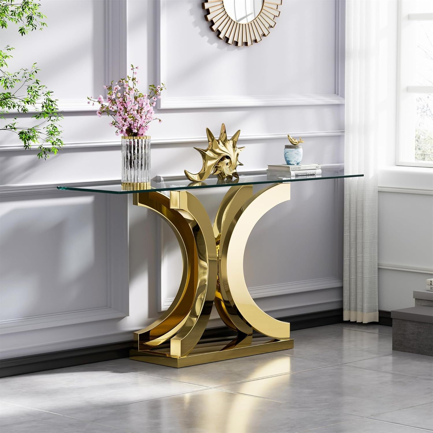 Luxury Gold Glass Console Table Modern 47" Slim Entryway Table With ... for Styling Secrets How to Make Your Cora Glass Top Console Table Shine