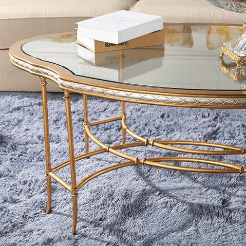 Luxury Mid-Century Unique 47" Antique Gold Coffee Table Glass Tabletop ... pertaining to Design Considerations for Petal Finished Iron Coffee Tables in Contemporary Spaces