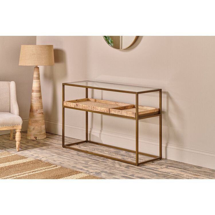 Luzon Brass & Mango Wood Display Console Table| Accessories For The Home pertaining to Modern Console Table Trends Integrating Clear Glass with Warm Wood Finishes