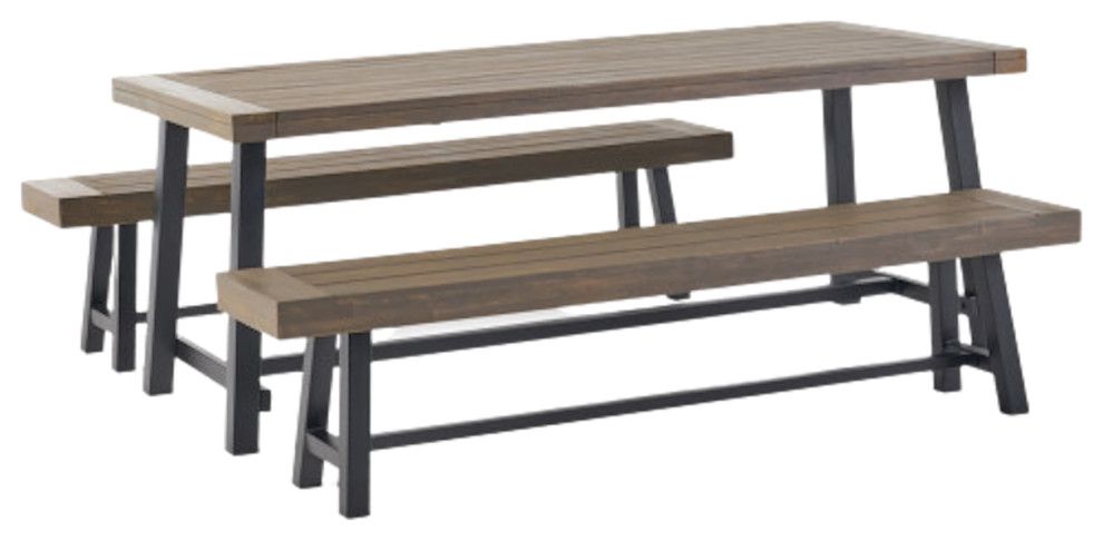 Lyons Outdoor Acacia Wood Picnic Dining Set - Industrial - Outdoor ... inside Lyons Outdoor Acacia Wood Picnic Dining Set, Sandblast Light Gray/Black