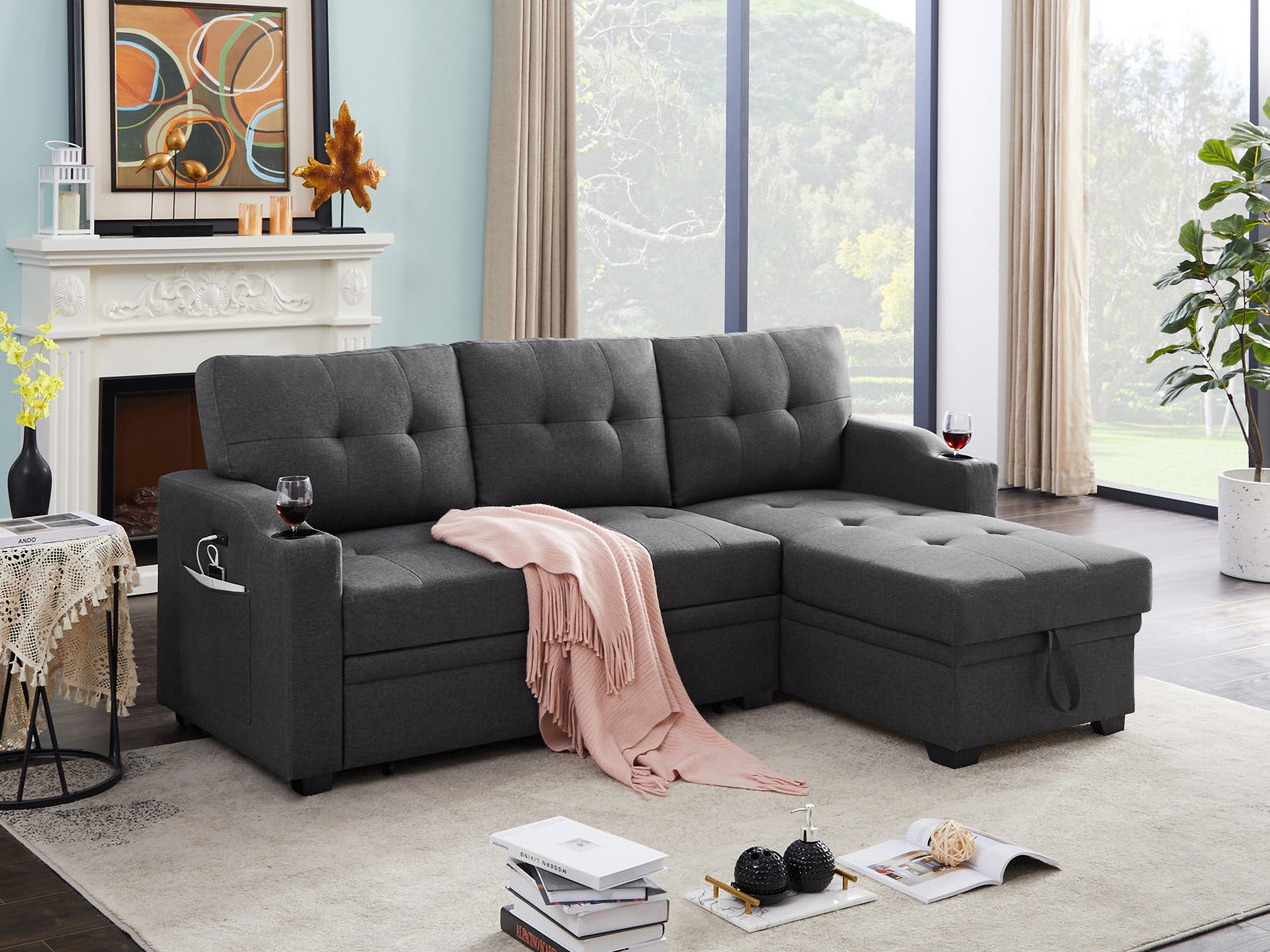 Mabel Dark Gray Linen Fabric Sleeper Sectional With Cupholder, Usb Charging Port And Pocket By ... inside Mabel Fabric Sleeper Sectional With Cupholder, Usb And Pocket, Dark Gray, Linen