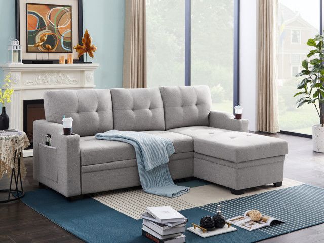 Mabel Fabric Sleeper Sectional With Cupholder, Usb And Pocket - Transitional - Sleeper Sofas ... in Mabel Fabric Sleeper Sectional With Cupholder, Usb And Pocket, Dark Gray, Linen
