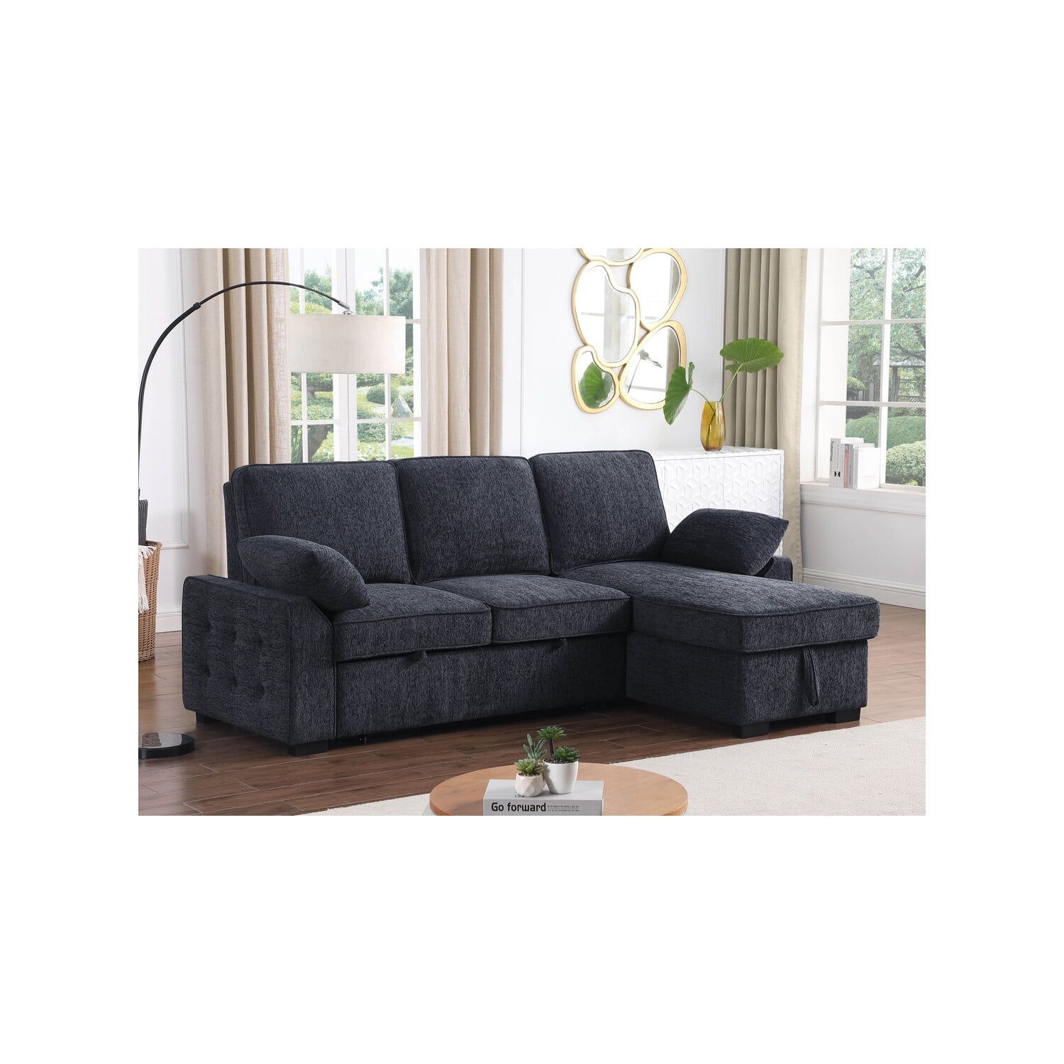 Mackenzie Dark Gray Chenille Sleeper Sectional Storage Cup Holders Usb ... pertaining to Kipling Ii 94"W Chenille Sleeper Sectional Storage Cupholder Usb, Dark Gray