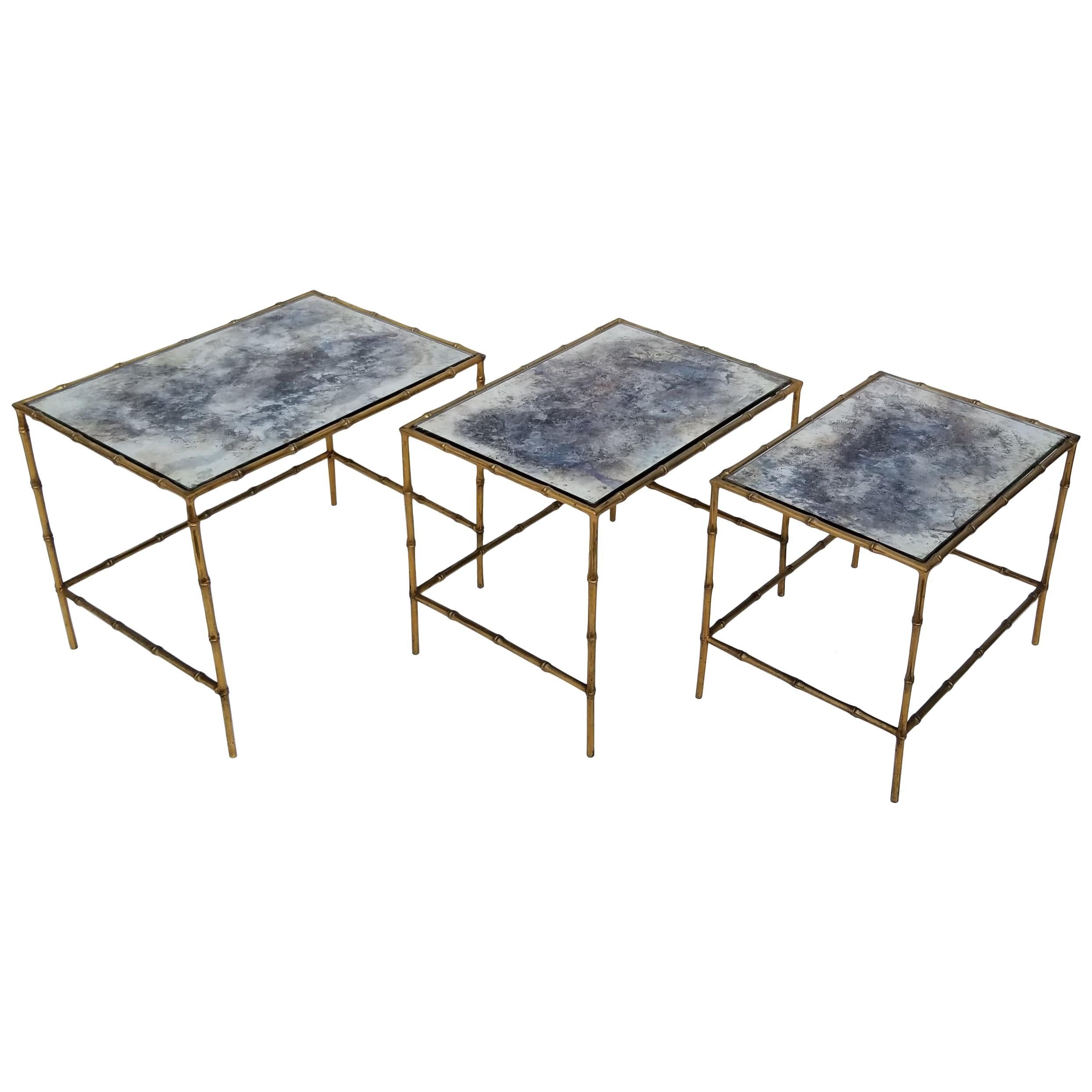 Maison Bagués, Rare Set Of 3 Neoclassical Style Silvered Brass Nesting ... in La Francaise Nesting Tables Set Of 3 Black Ice
