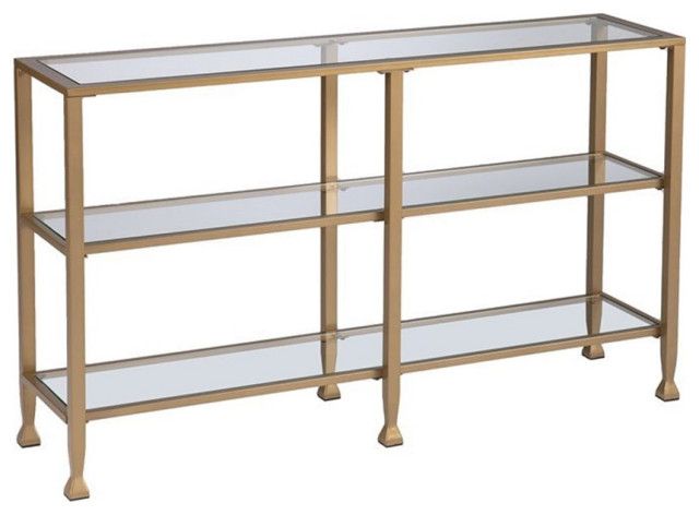 Maklaine Contemporary 2 Shelf Narrow Glass Top Console Table In Gold ... within Elegant Gold Console Table With Glass Shelves And Sleek Modern Design