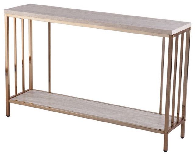 Maklaine Engineered Wood Faux Stone Top Console Table In Champagne And ... intended for A Deep Dive into the Craftsmanship of the Maklaine Console Table Champagne and White