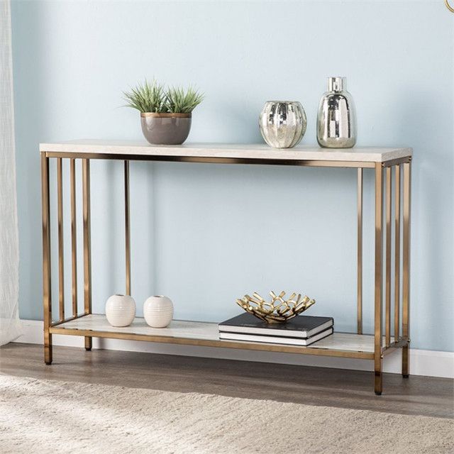 Maklaine Engineered Wood Faux Stone Top Console Table In Champagne And ... within A Deep Dive into the Craftsmanship of the Maklaine Console Table Champagne and White