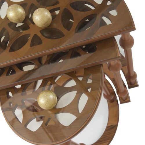 Mandala Nesting Tables | Onesto Home in Set Of 3 Walnut Brown Stackable Mandala Nesting Tables 24"