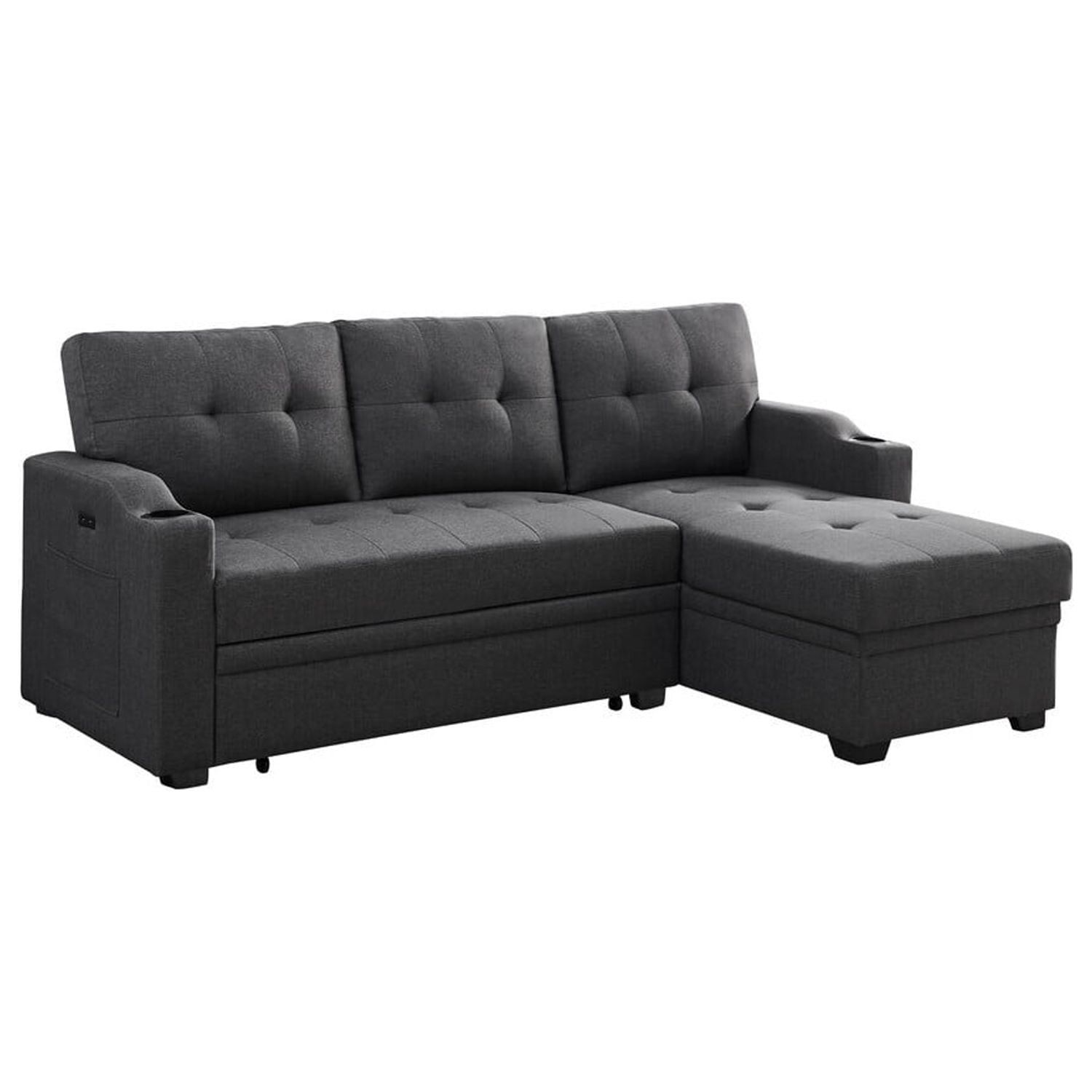 Maykoosh Lakeside Living Linen Fabric Sleeper Sectional With Cupholder ... throughout Mabel Fabric Sleeper Sectional With Cupholder, Usb And Pocket, Dark Gray, Linen