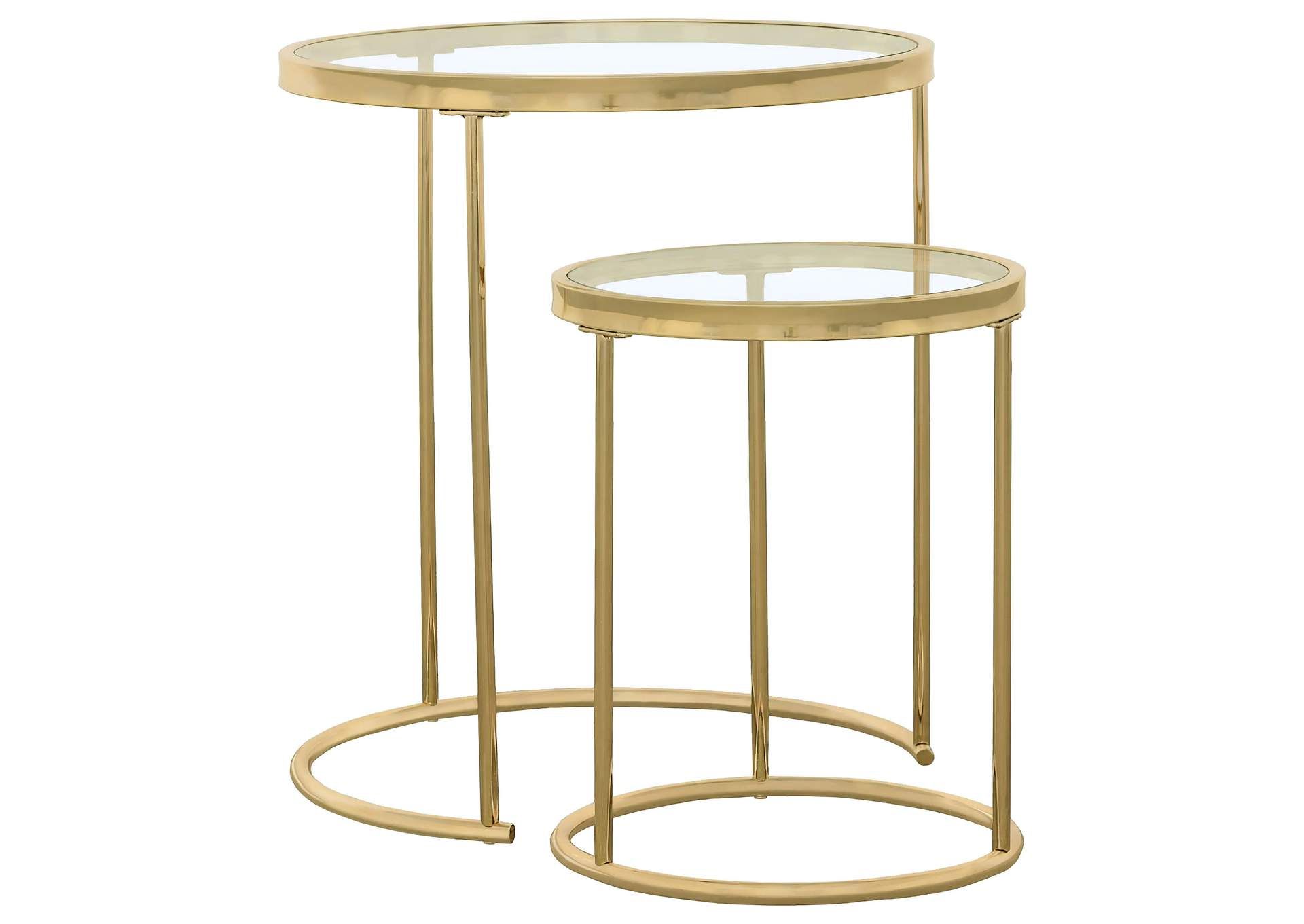 Maylin 2-Piece Round Glass Top Nesting Table Set Gold in Diamond Sofa Lane 2-Piece Round Nesting Set, Clear Tempered Glass Tops