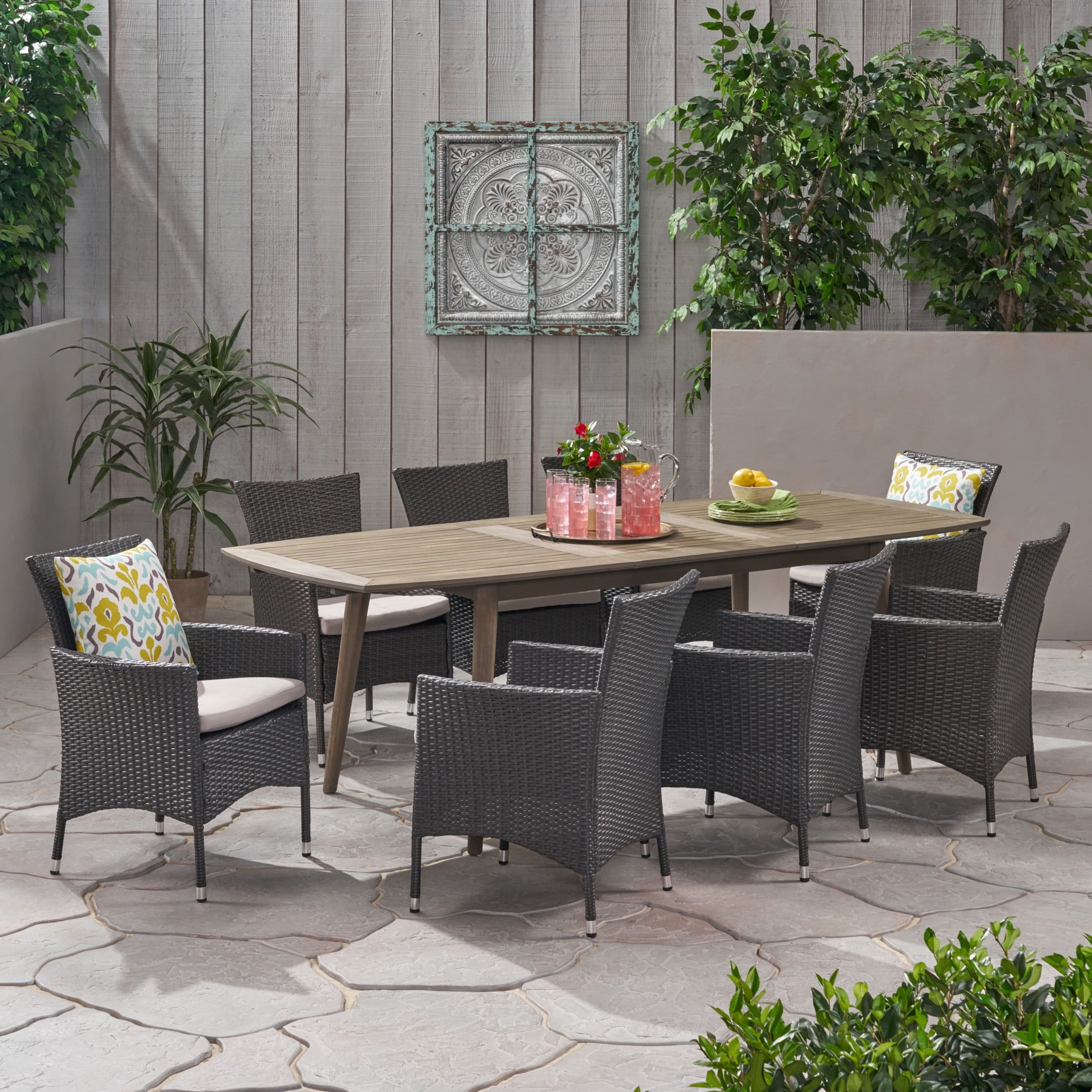 Mckinley Outdoor Wood And Wicker Expandable 8 Seater Dining Set, Gray ... regarding Gabrielle Outdoor Wood And Wicker Expandable 8 Seater Dining Set, Teak, Brown, Creme