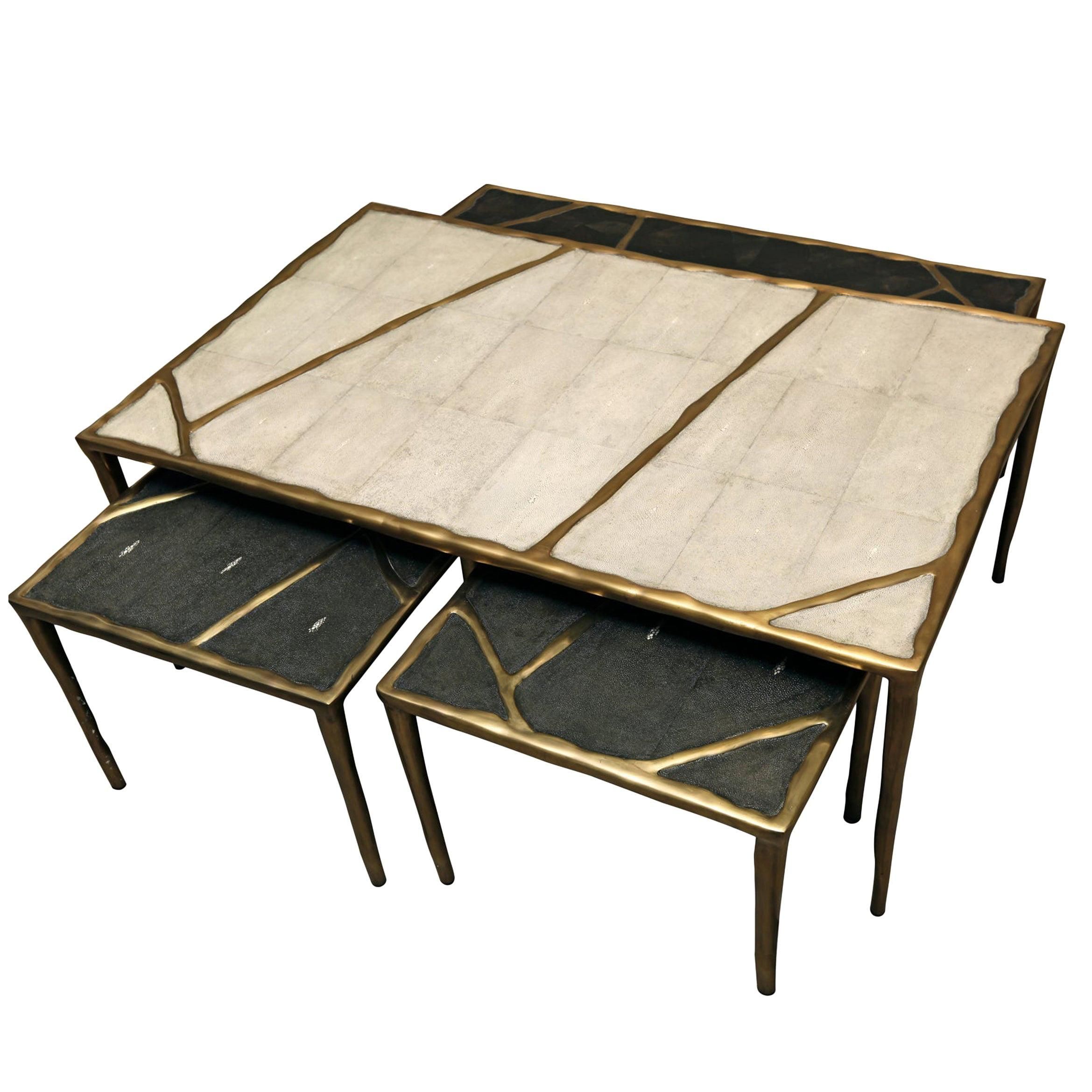 Melting Nesting Coffee Tables In Shagreen, Shell And Brass By R And Y ... pertaining to Shagreen Nesting Coffee Table, Antique Brass