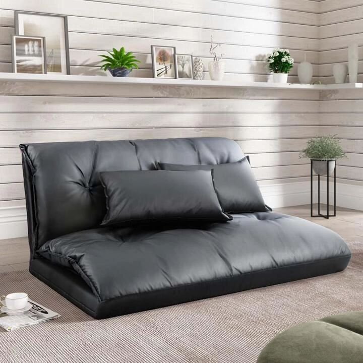 Merax Pu Leather Foldable Modern Leisure Sofa Bed | Baci Living Room with Foldable Pu Leather Leisure Floor Sofa Bed W/ 2 Pillows