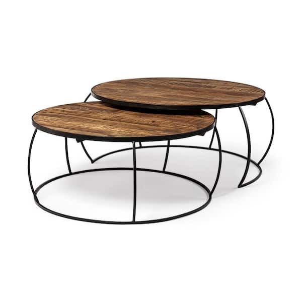 Mercana Clapp I Round Brown Solid Wood Top W/Black Iron Base Nesting ... within Exploring the aesthetic appeal and functionality of Clapp's medium brown solid wood round nesting tables