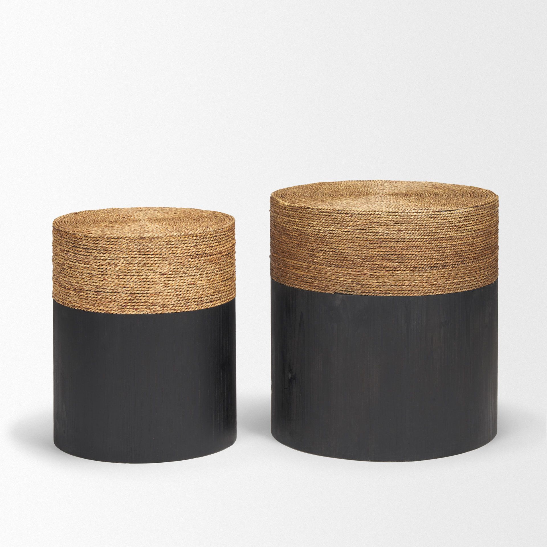 Mercana Wenopa Accent Tables Feature A Matte Black Cylinder Pillar Wood ... within Wenopa 2-Piece Matte Black Wood With Natural Jute Accent Table Set