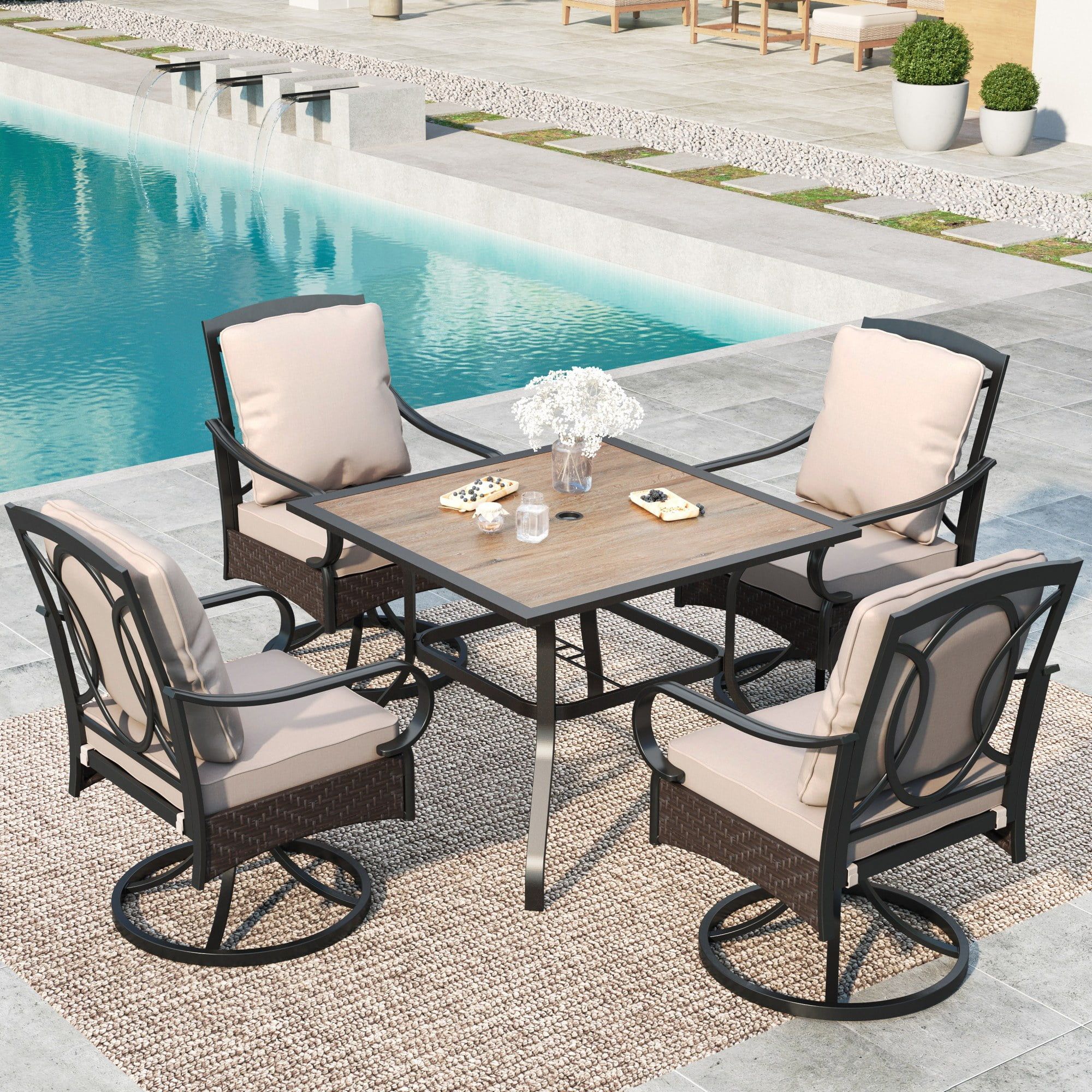 Mf Studio 5-Piece Patio Outdoor Dining Set, Wicker Swivel Chairs ... inside Exploring the aesthetics of black steel dining sets