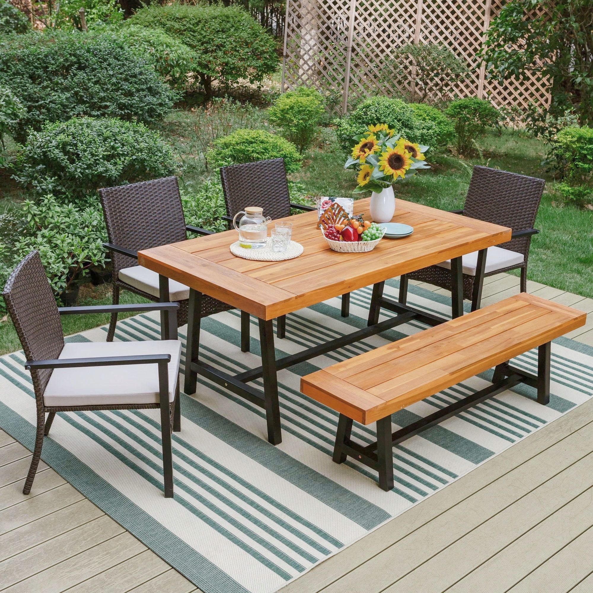 Mf Studio 6-Piece Outdoor Dining Set With Acacia Wood Table, Bench ... in Monterey 6 Seater Outdoor Acacia Wood And Wicker Dining Set