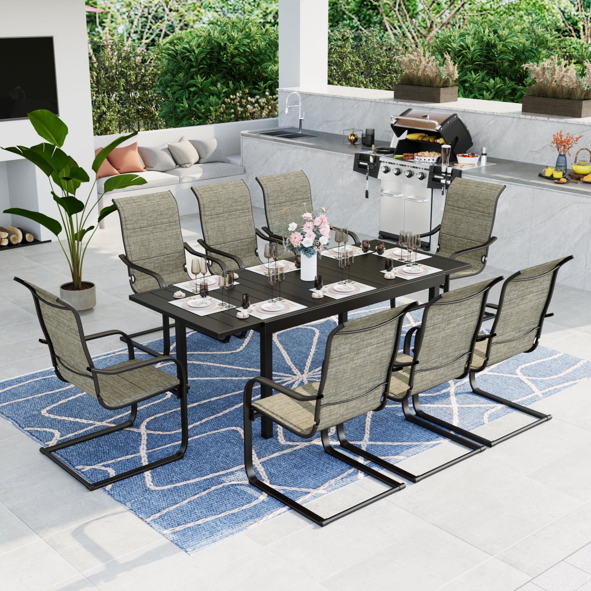 Mf Studio 9-Piece Expandable Outdoor Patio Dining Set With 8 C Spring ... throughout Gdf Studio 9-Piece Sakura Outdoor Wood Dining Set With Expandable Dining Table
