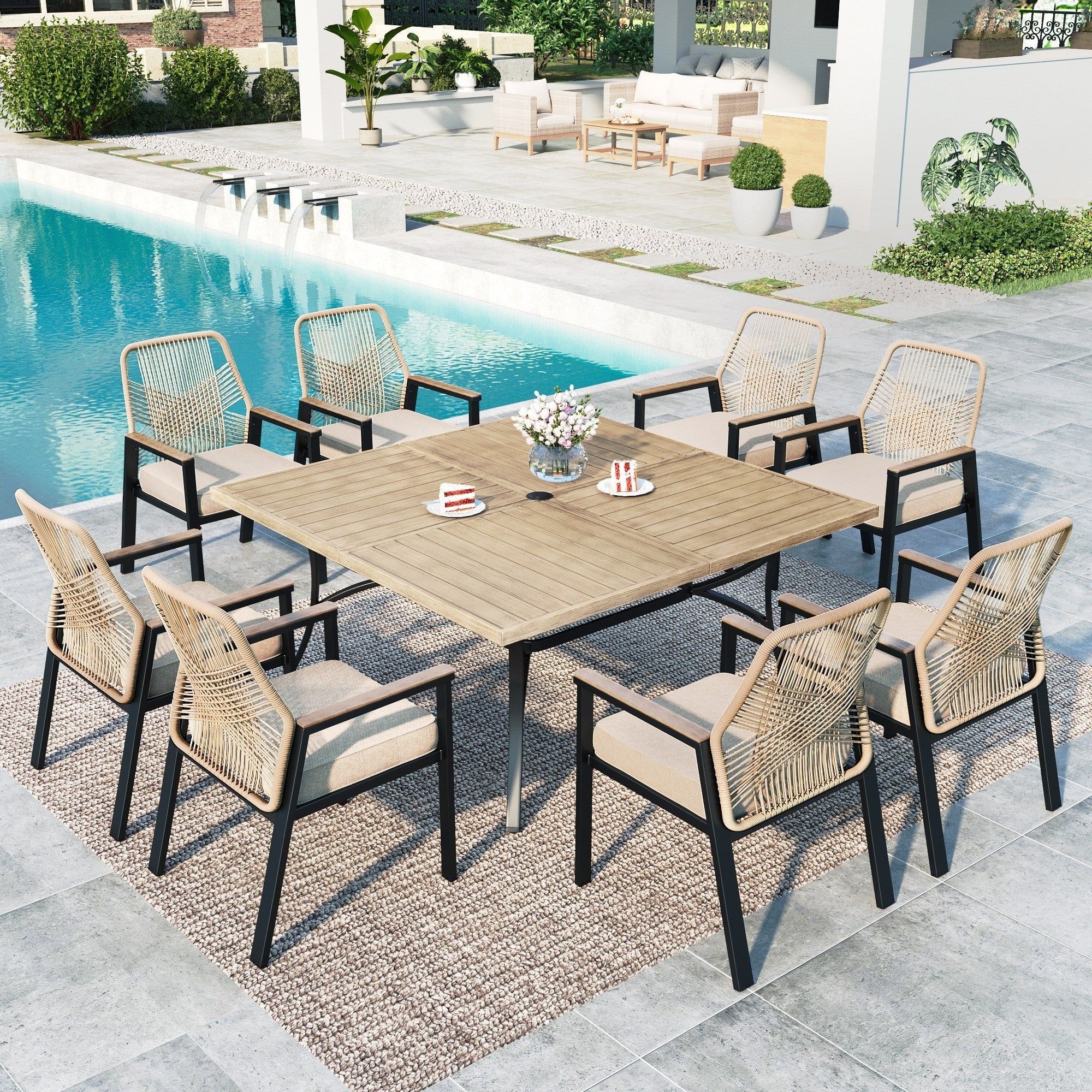 Mf Studio 9-Piece Patio Dining Set, 8 Rattan Rope Armchairs And Wood ... intended for Creating comfortable dining areas that adapt to changing needs