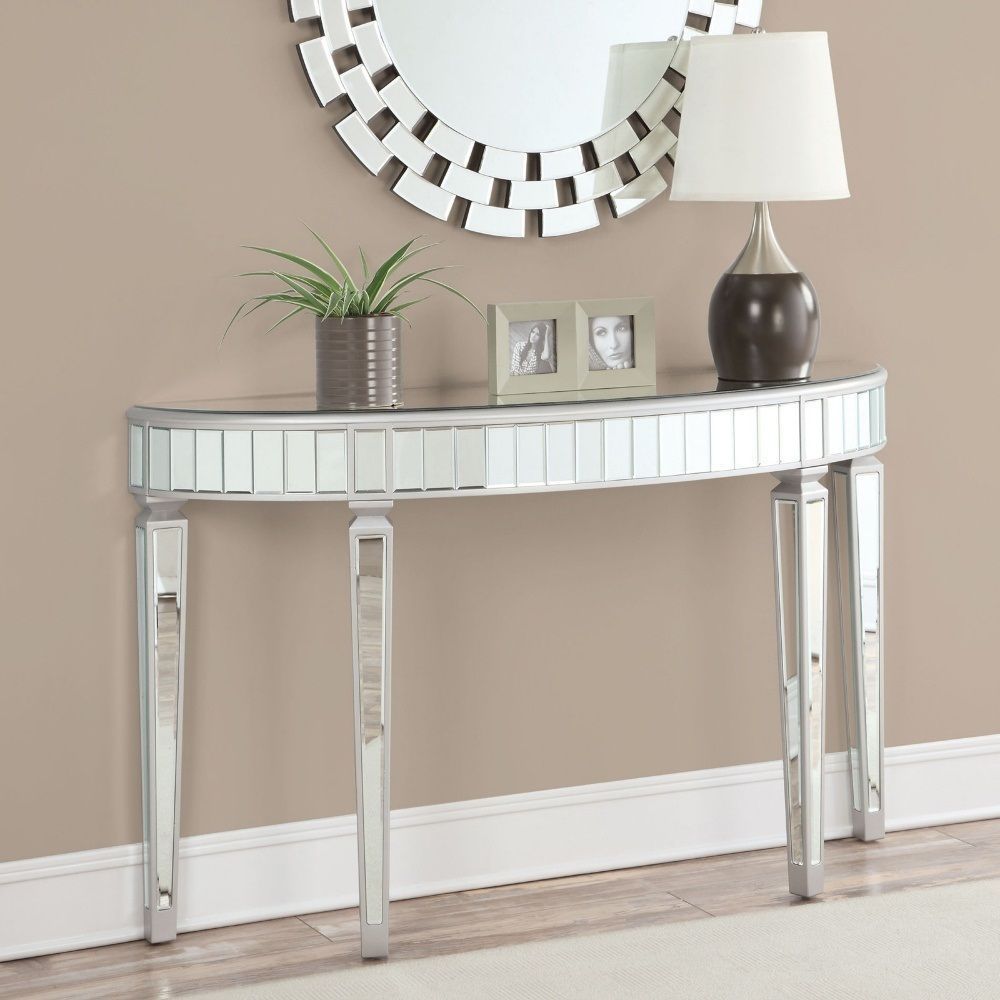 Mirrored Console Table Silver Finish Glass Top 4Tapered Legs Homedecor ... within Elmore Console Table, Silver