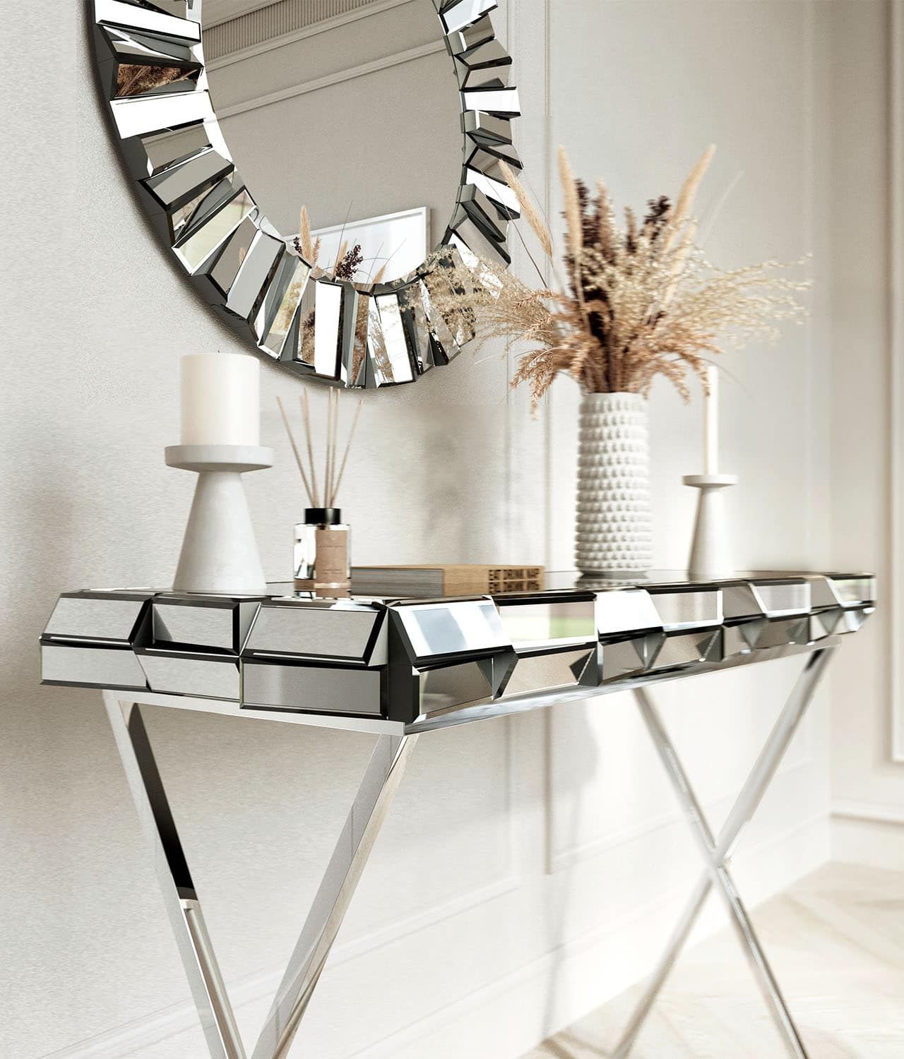 Mirrored Sofa Table In Silver | Cabinets Matttroy pertaining to Glenview Glam Mirrored Console Table - Matte Silver