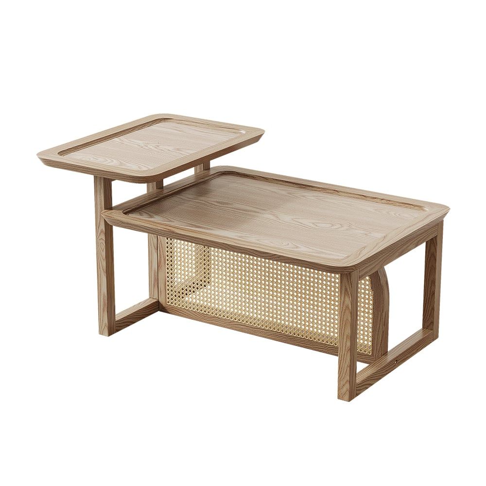 Modern 2 Piece Nesting Rattan Wood Coffee Table Set In Natural|Homary in Marlana 2-Piece Nesting Cocktail Table Set