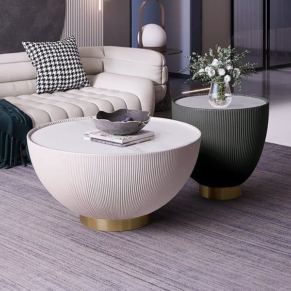 Modern Beige &amp; Gray Drum Sintered Stone Round Pu-Leather Coffee Table ... with Modern Drum Sintered Stone Round Pu-Leather Coffee Table Set, Beige/Gray