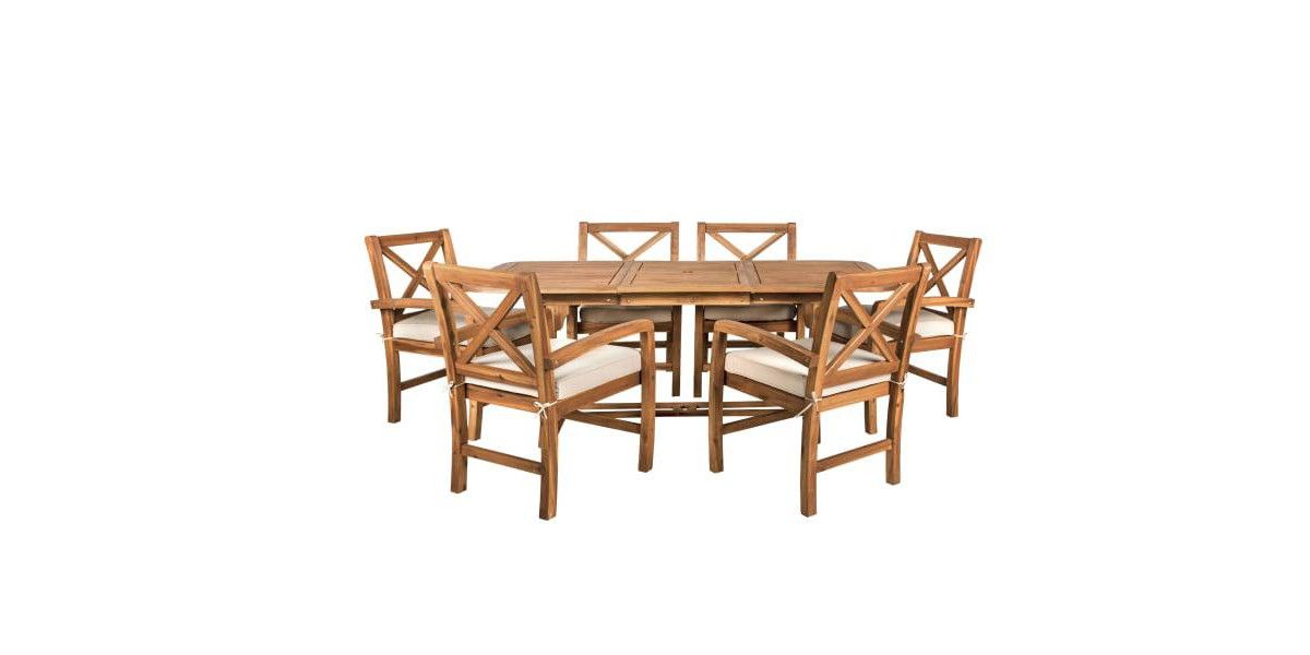 Modern Farmhouse Acacia Wood Butterfly Leaf Table 7-Piece Outdoor Dining Set - Superhive ... throughout Why the Riviera 7 Piece Acacia Set is Perfect for Outdoor Gatherings