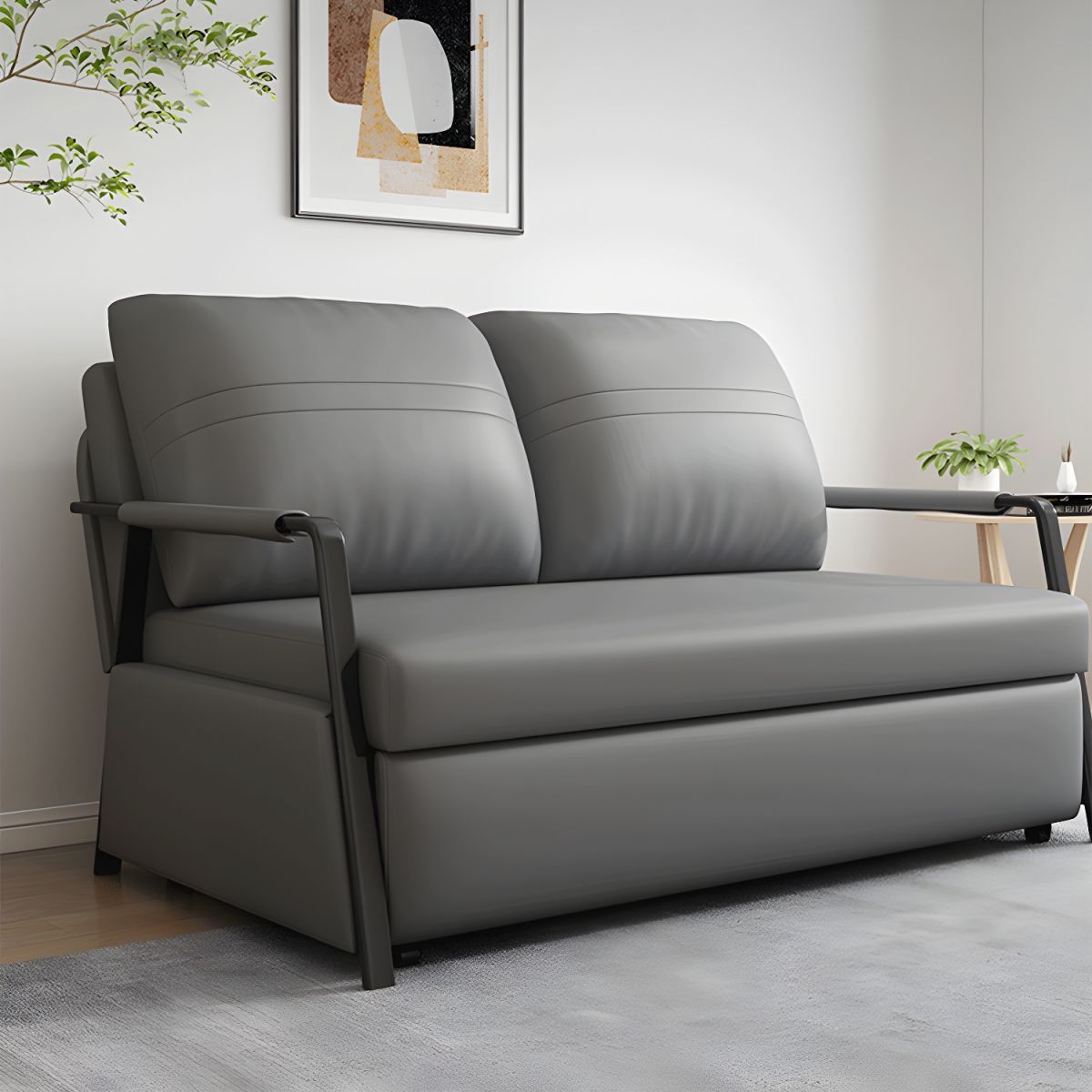 Modern Gray Faux Leather Sleeper Sofa With Black Steel Frame And ... throughout Furniture Of America Hollie Contemporary Faux Leather Sleeper Sofa Bed In Gray