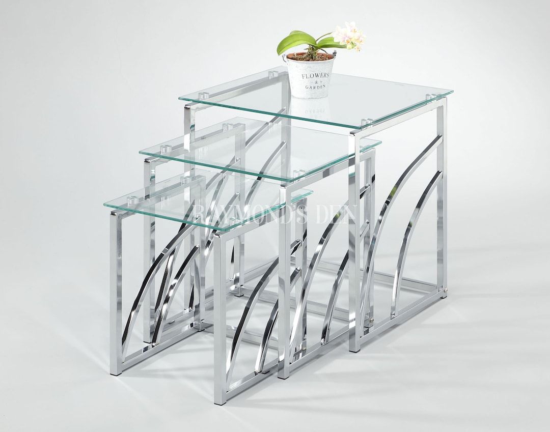 Modern Mira Glass Nest Of Tables Chrome Metal Tempered Glass Top Set Of ... inside Beyond Furniture What Butler Mira Nesting Tables Bring to Your Home