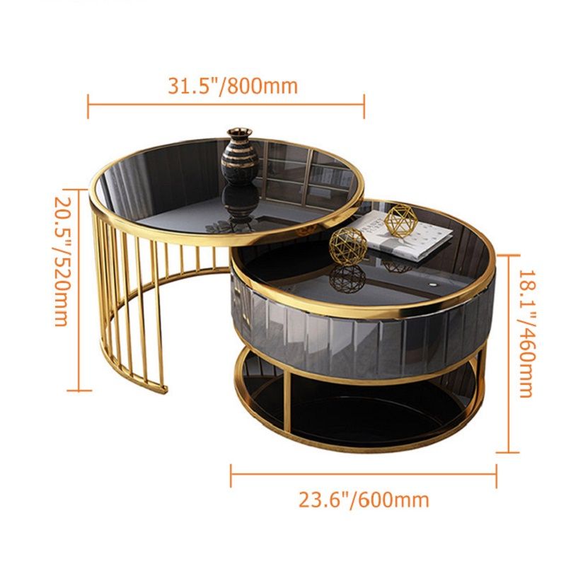 Modern Round Gold & Black Nesting Coffee Table With Shelf Tempered ... pertaining to Set Of 2 Contemporary Nesting Coffee Tables With Gold Frame And Glass Tops