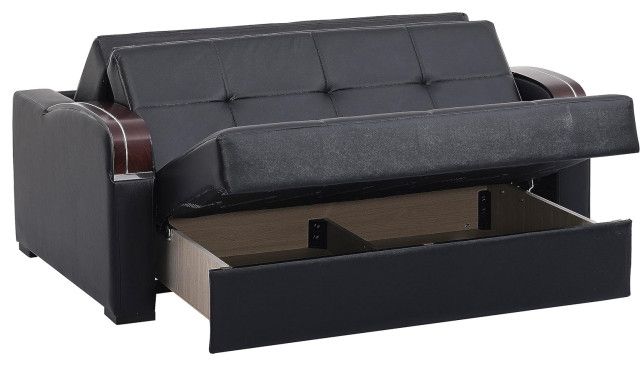 Modern Sleeper Loveseat, Curved Wooden Arms & Stitched Faux Leather ... in Convertible Sleeper Loveseat With Stitched Seat And Wood Accents, Black