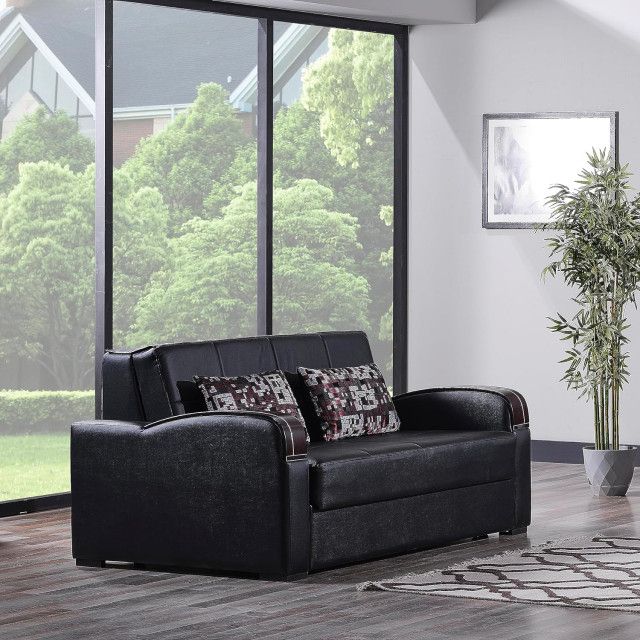 Modern Sleeper Loveseat, Curved Wooden Arms &amp; Stitched Faux Leather ... throughout Understanding the versatility of convertible sleeper loveseats with stitched seating