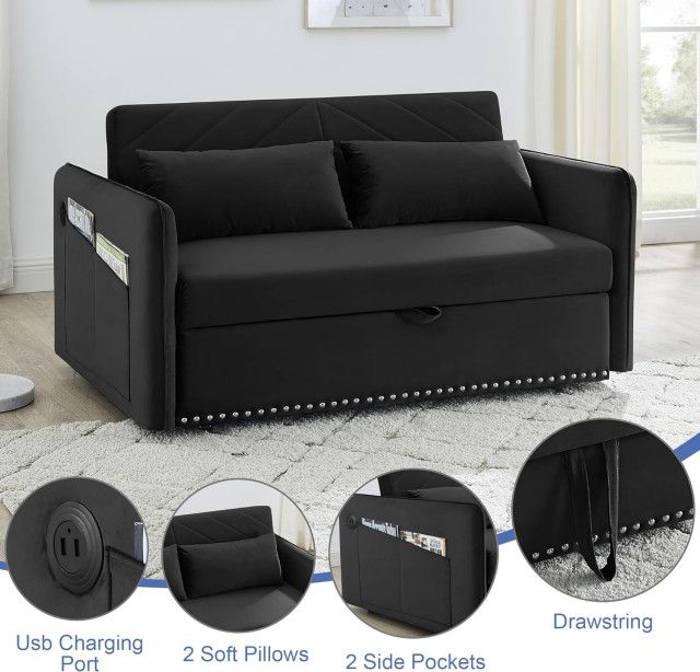Modern Sleeper Sofa, Padded Upholstery With Pillows & Usb Charging ... pertaining to Modern Sleeper Sofa With Tufted Back, Usb Port & Convertible Design, Black