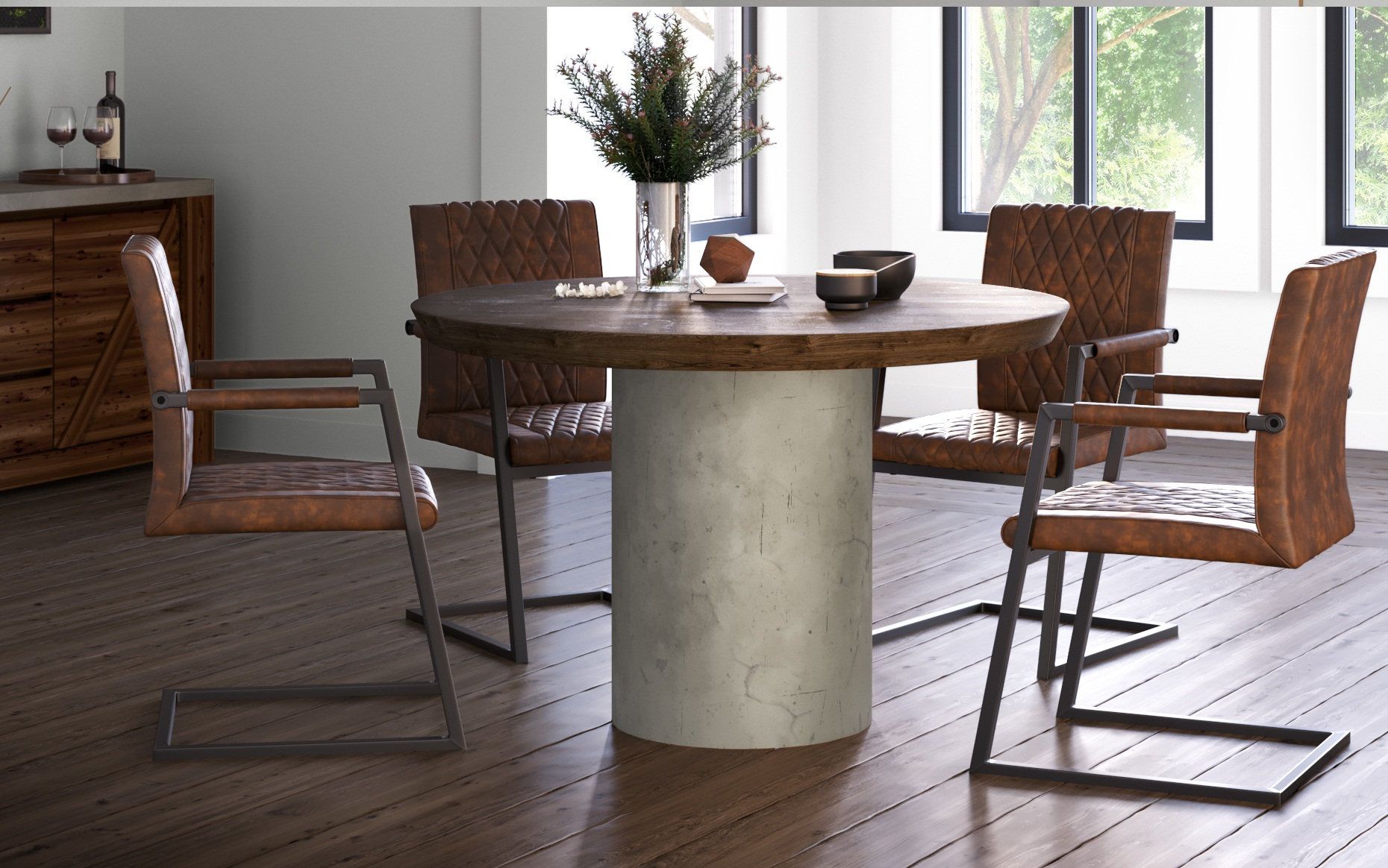 Modrest Renzo Modern Round Oak And Concrete Dining Table - Industrial ... with regard to Modrest Renzo Modern Oak And Concrete Console Table