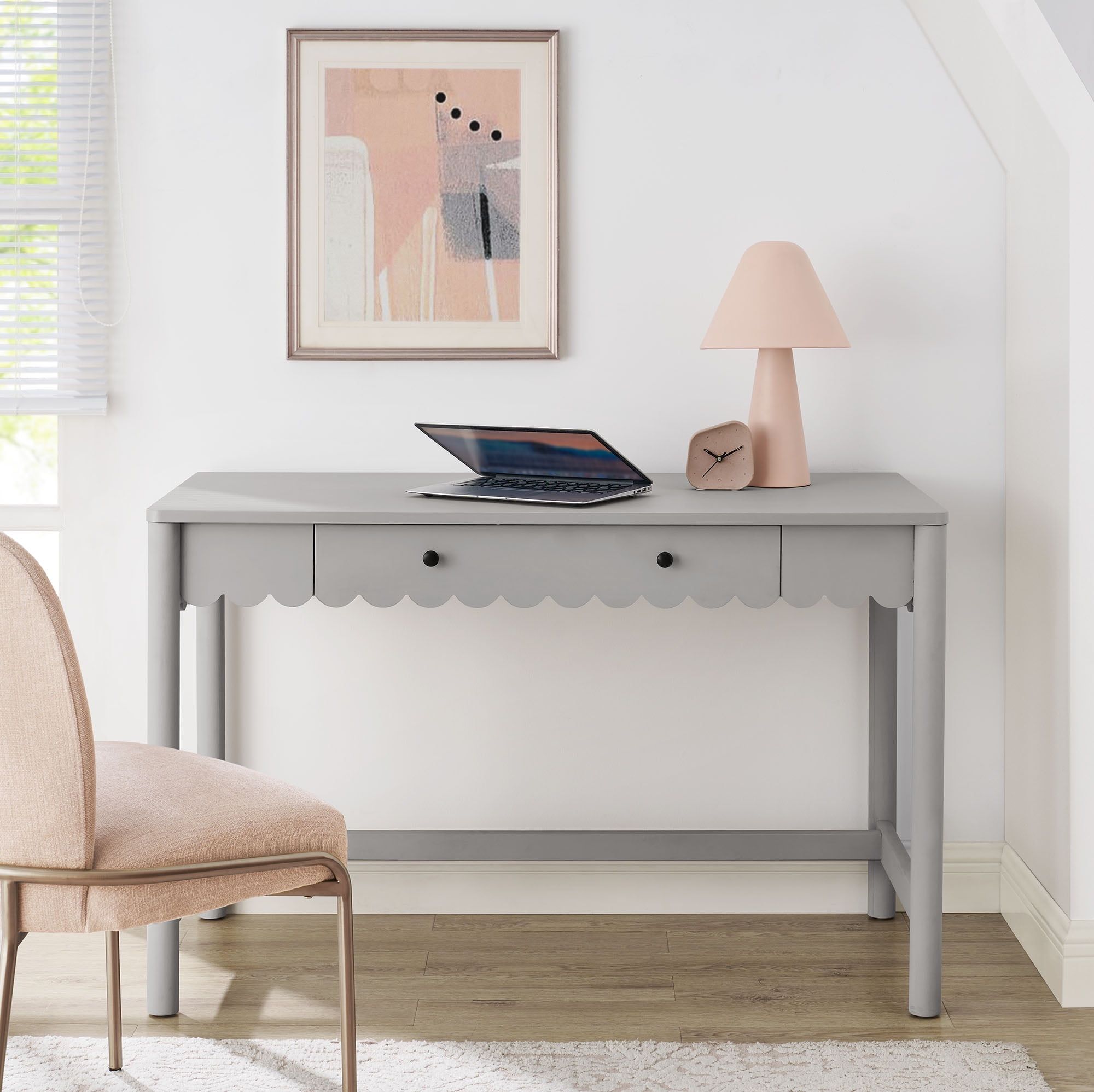 Modway Emmeline 1-Drawer Scallop Writing Desk In Light Gray - Walmart.com in Emmeline 3-Drawer Scalloped Console Table, Light Gray