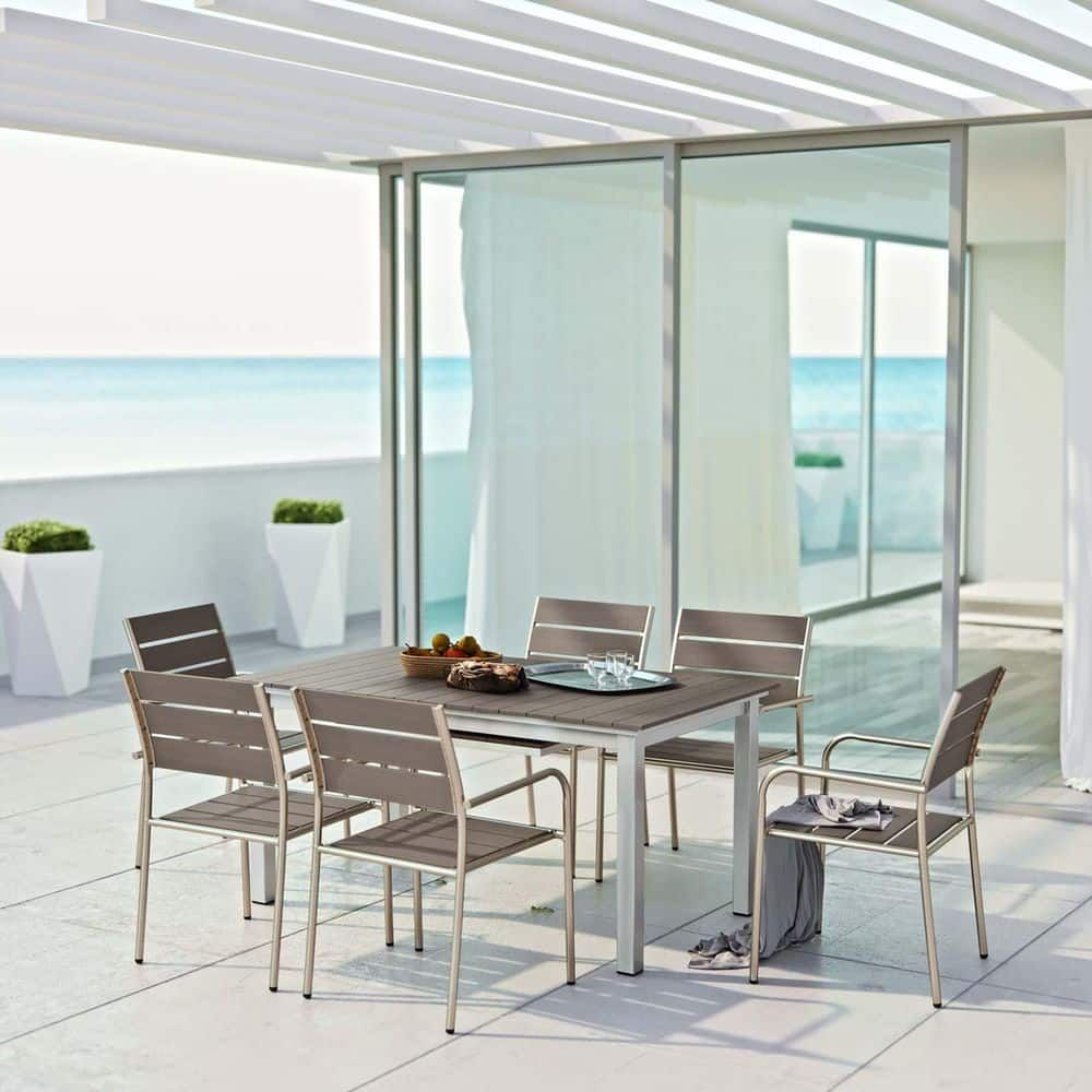 Modway Shore 7-Piece Aluminum Outdoor Patio Furniture Dining Set With ... in Shore 7-Piece Outdoor Aluminum Dining Set, Silver Gray