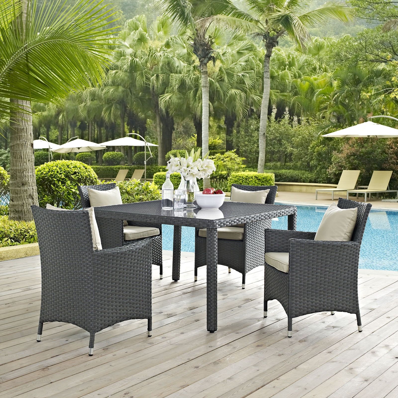 Modway Sojourn 4 Piece Outdoor Patio Sunbrella® Dining Set In Antique ... intended for Sojourn 9-Piece Outdoor Wicker Rattan Dining Set, Antique Canvas Beige