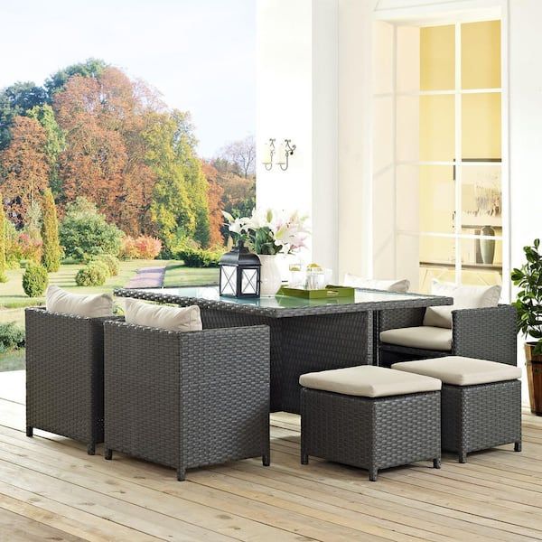 Modway Sojourn 9-Piece Wicker Rattan Patio Outdoor Dining Set With ... with regard to Sojourn 9-Piece Outdoor Wicker Rattan Dining Set, Antique Canvas Beige