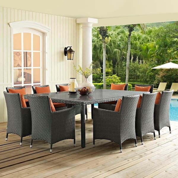 Modway Sojourn Wicker Rattan Aluminum Outdoor Patio 11-Piece Glass ... in Sojourn 9-Piece Outdoor Wicker Rattan Dining Set, Antique Canvas Beige