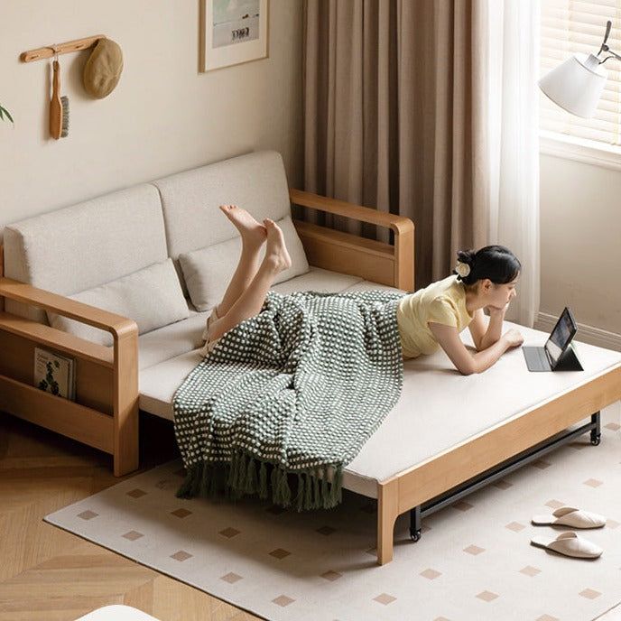Multi-Function Beech , Oak Solid Wood Sleeper Sofa for Solid Wood Multi-Function Sleeper Sofa, Beech Walnut Beige-Ordinary Cushion Sofa Bed 54.3X30.9 - 76.8X31.1