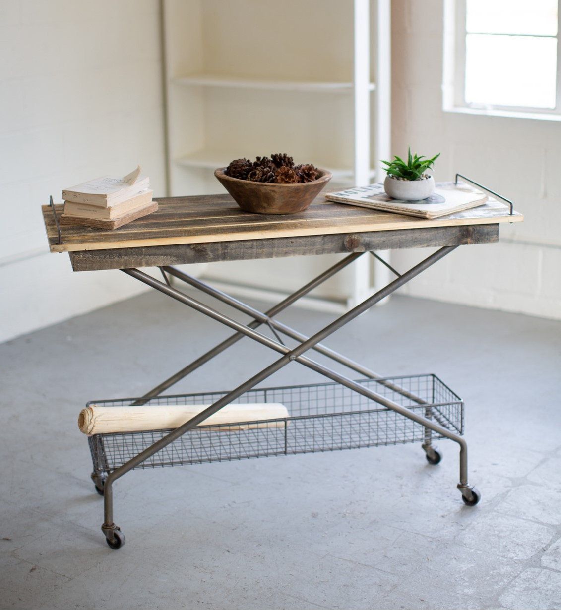 Multipurpose Recycled Wood Rolling Console Table Cart Metal Industrial ... regarding The Enduring Charm and Practicality of Industrial Rolling Console Tables