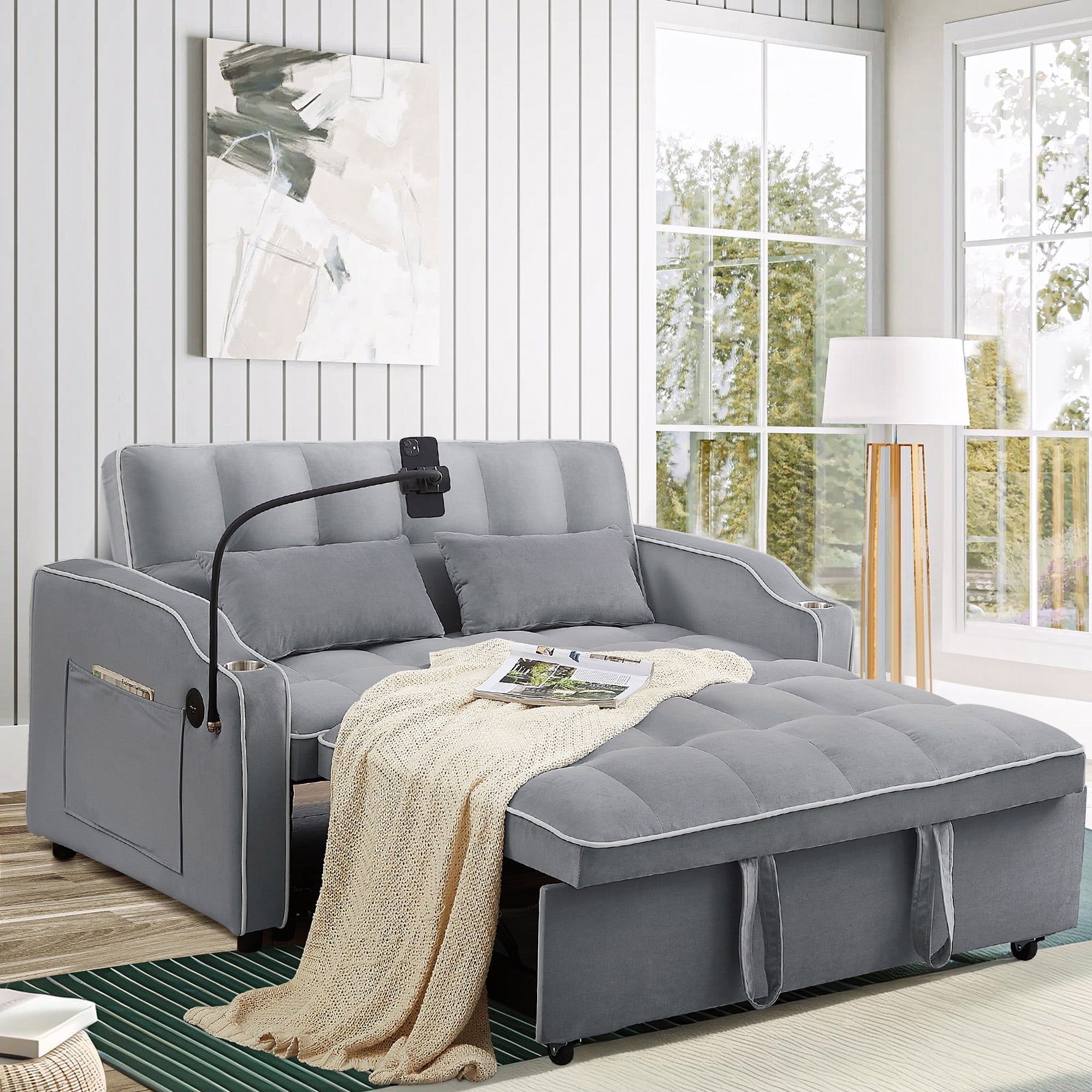 Muumblus 3-In-1 Convertible Velvet Loveseat Sleeper Sofa With Usb Port ... regarding Modern Sleeper Sofa With Tufted Back, Usb Port & Convertible Design, Gray
