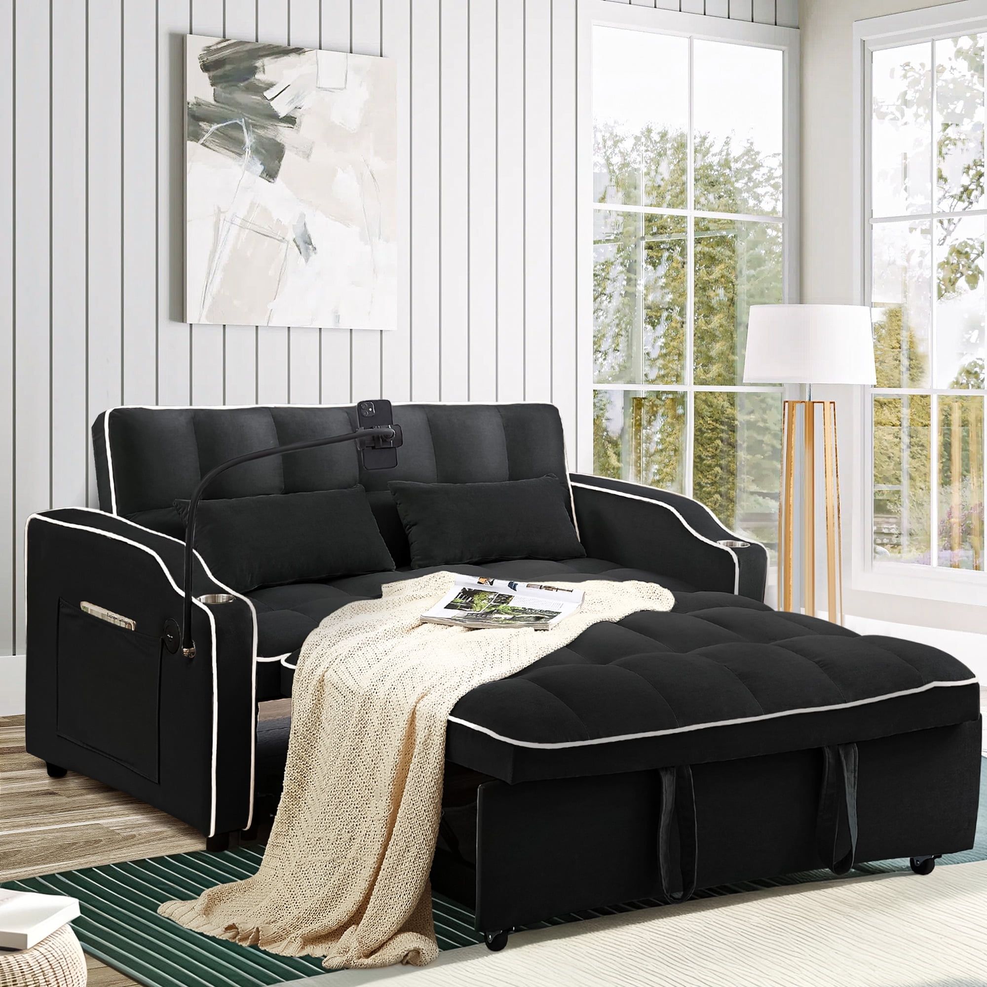 Muumblus 3-In-1 Convertible Velvet Loveseat Sleeper Sofa With Usb Port ... throughout Convertible Sleeper Sofa With Usb Ports And Square Tufted Velvet Seat, Black